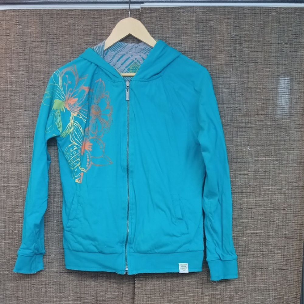 Double Sided Teal Zip-Up Hoodie with Floral Design